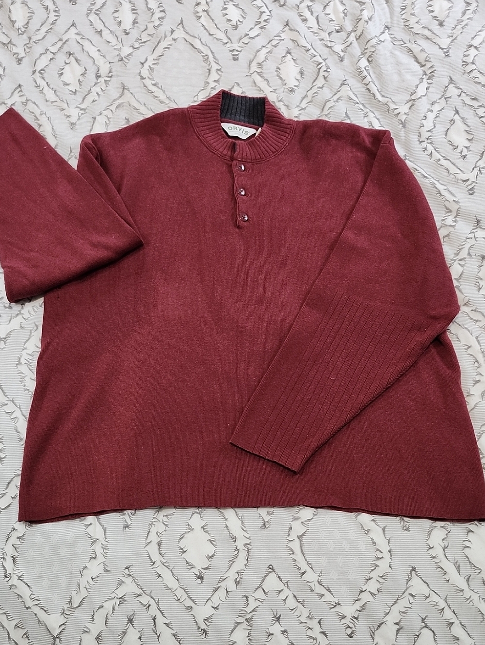Orvis 3 Button Henley Cotton Sweater In Maroon Burgundy Size XL